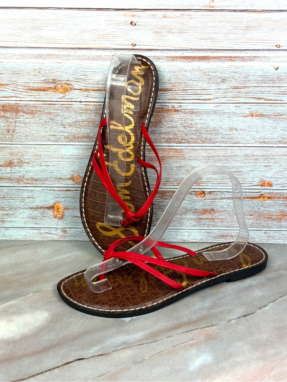 Sam Edelman Gerianne Thong Sandals Coral Leather Brown Embossed Footbed NWOT
